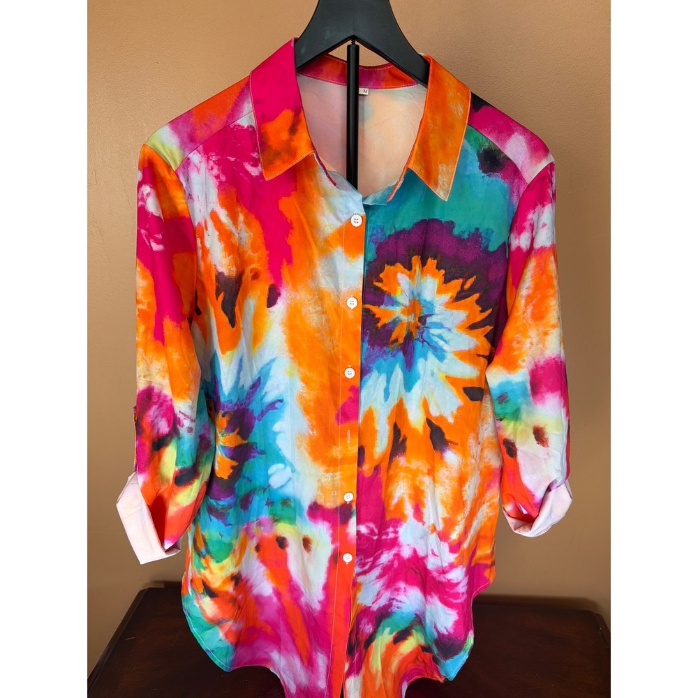 Vibrant Rainbow Tie Dye Roll Tab Sleeve Button Down Shirt Medium Hippie Festival